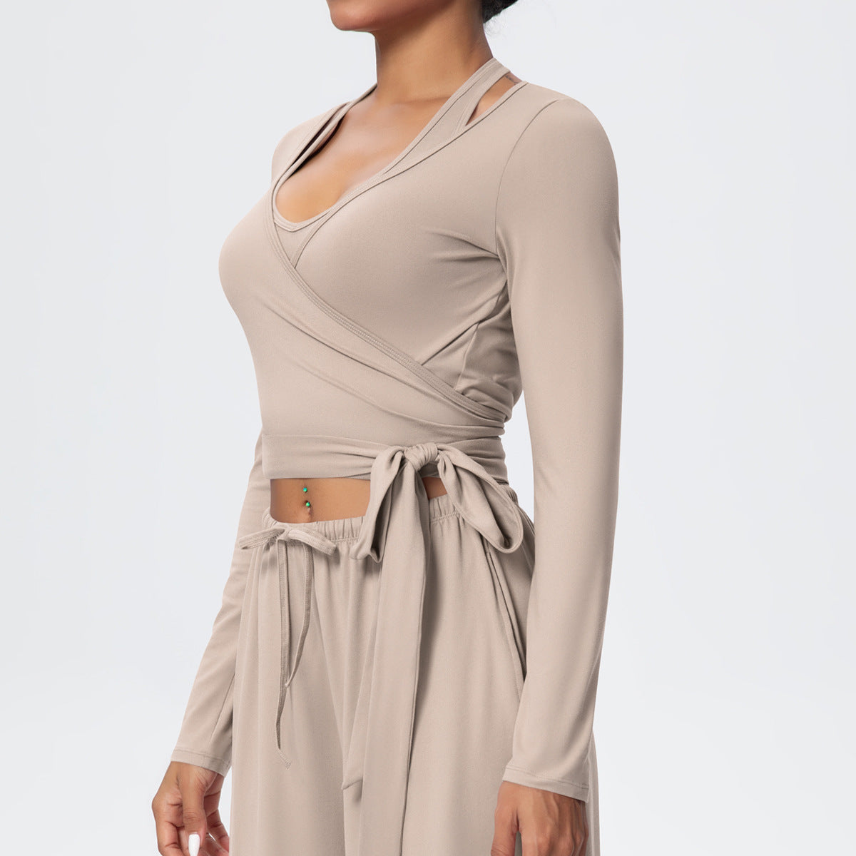 Cropped Long Sleeve Wrap Top with Waist Tie - Sand - 8