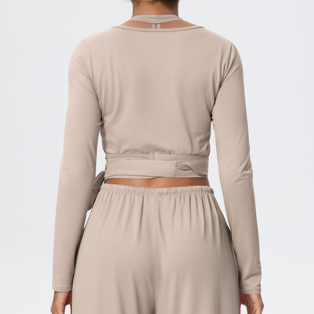 Cropped Long Sleeve Wrap Top with Waist Tie - Sand - 9