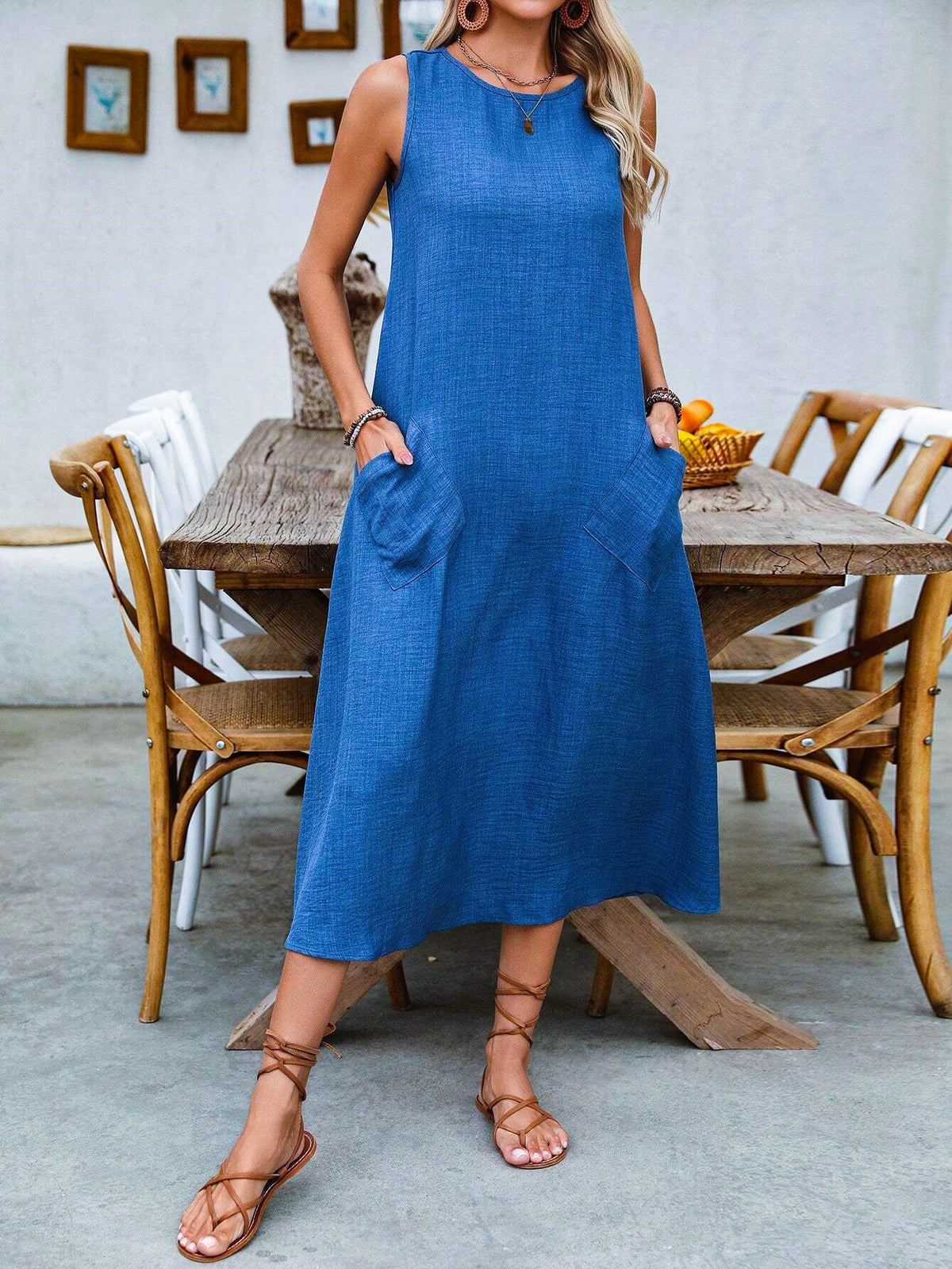 Relaxed Sleeveless Pocket Midi Dress - Blue