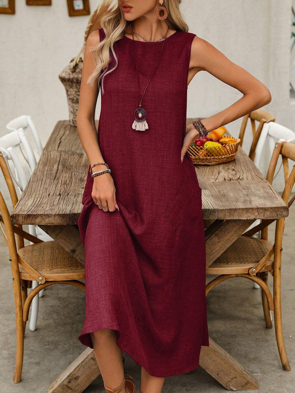 Relaxed Sleeveless Pocket Midi Dress - Winered