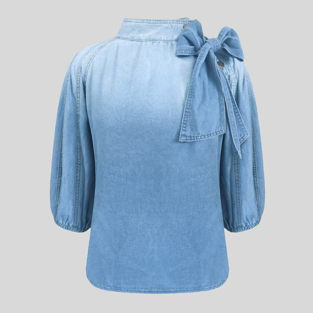 Puff Sleeve Denim Shirt With Bow Detail - Blue