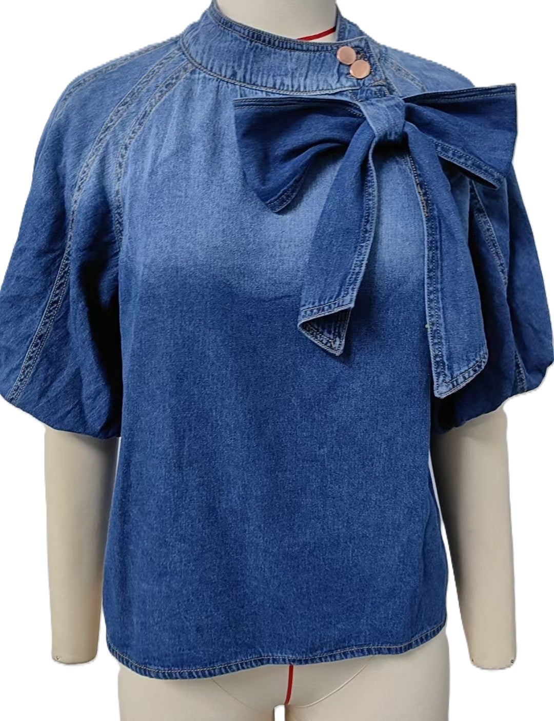 Puff Sleeve Denim Shirt With Bow Detail - DarkBlue