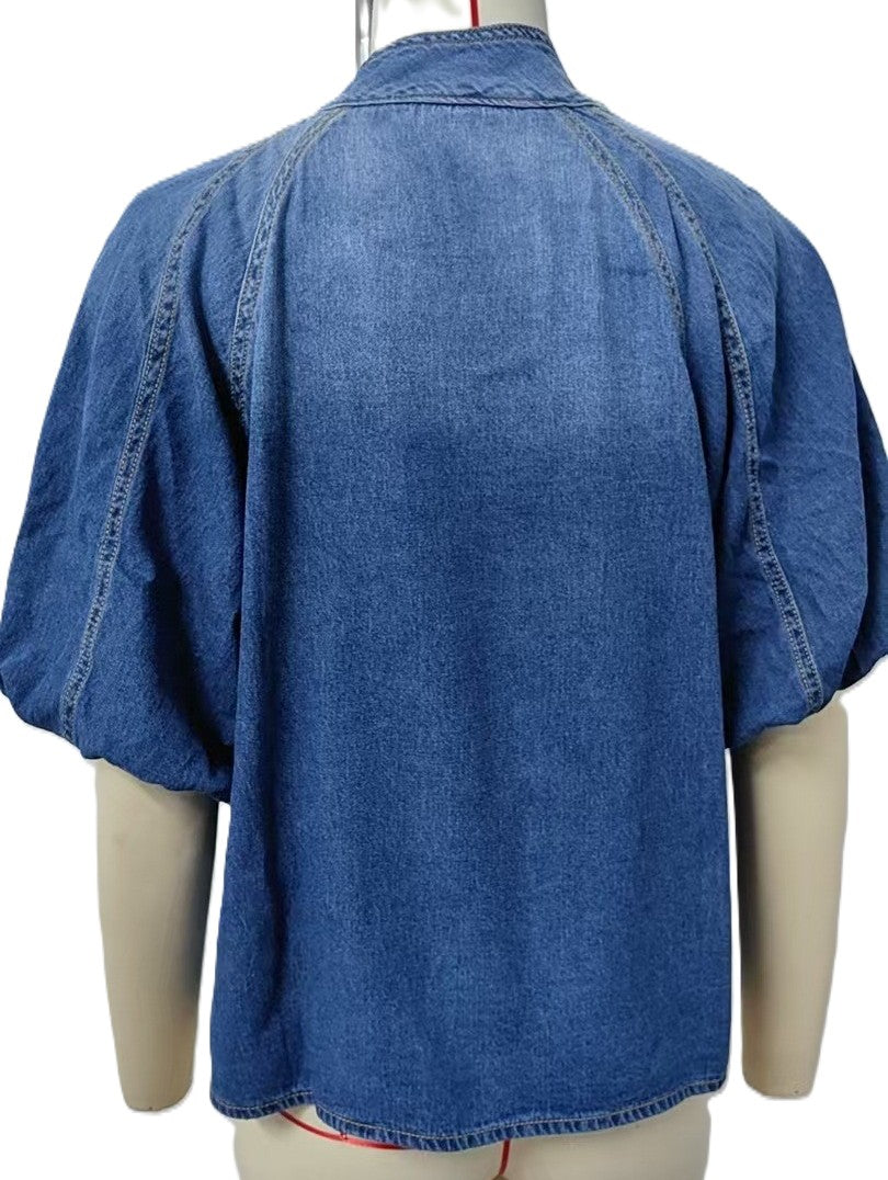 Puff Sleeve Denim Shirt With Bow Detail - DarkBlue - 1