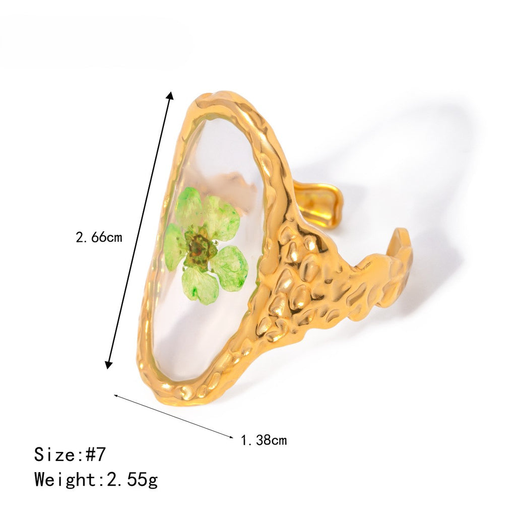 Pressed Flower Resin Adjustable Ring - Green