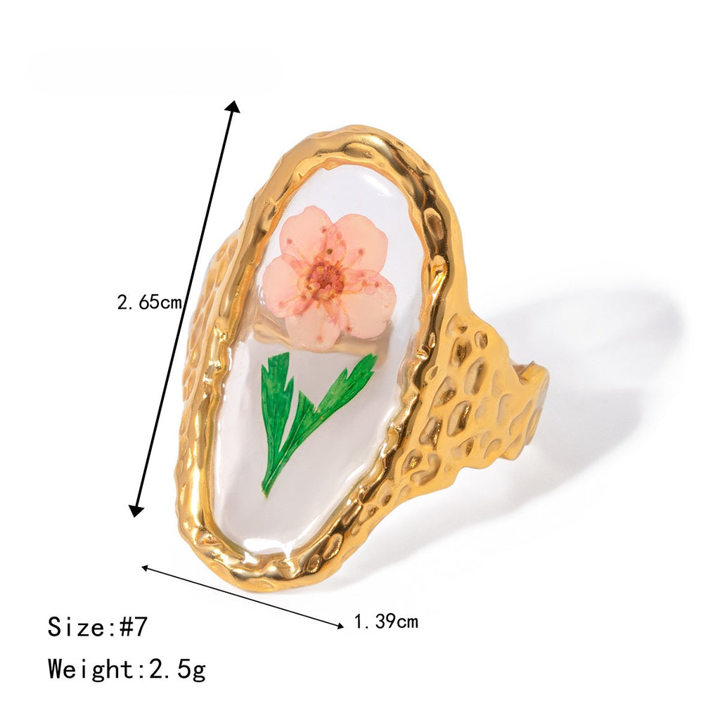 Pressed Flower Resin Adjustable Ring - GreenPink