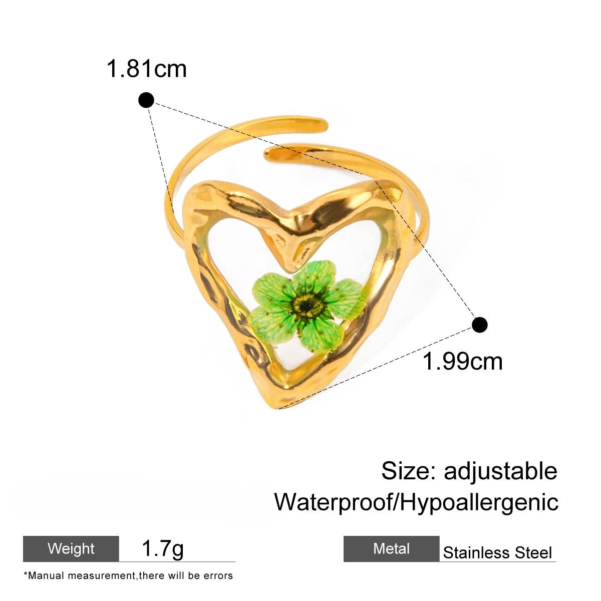 Pressed Flower Resin Adjustable Ring - Heart