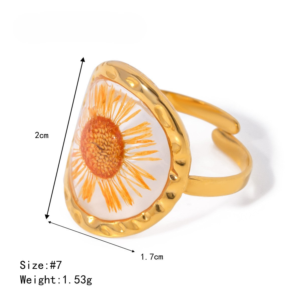 Pressed Flower Resin Adjustable Ring - Orange