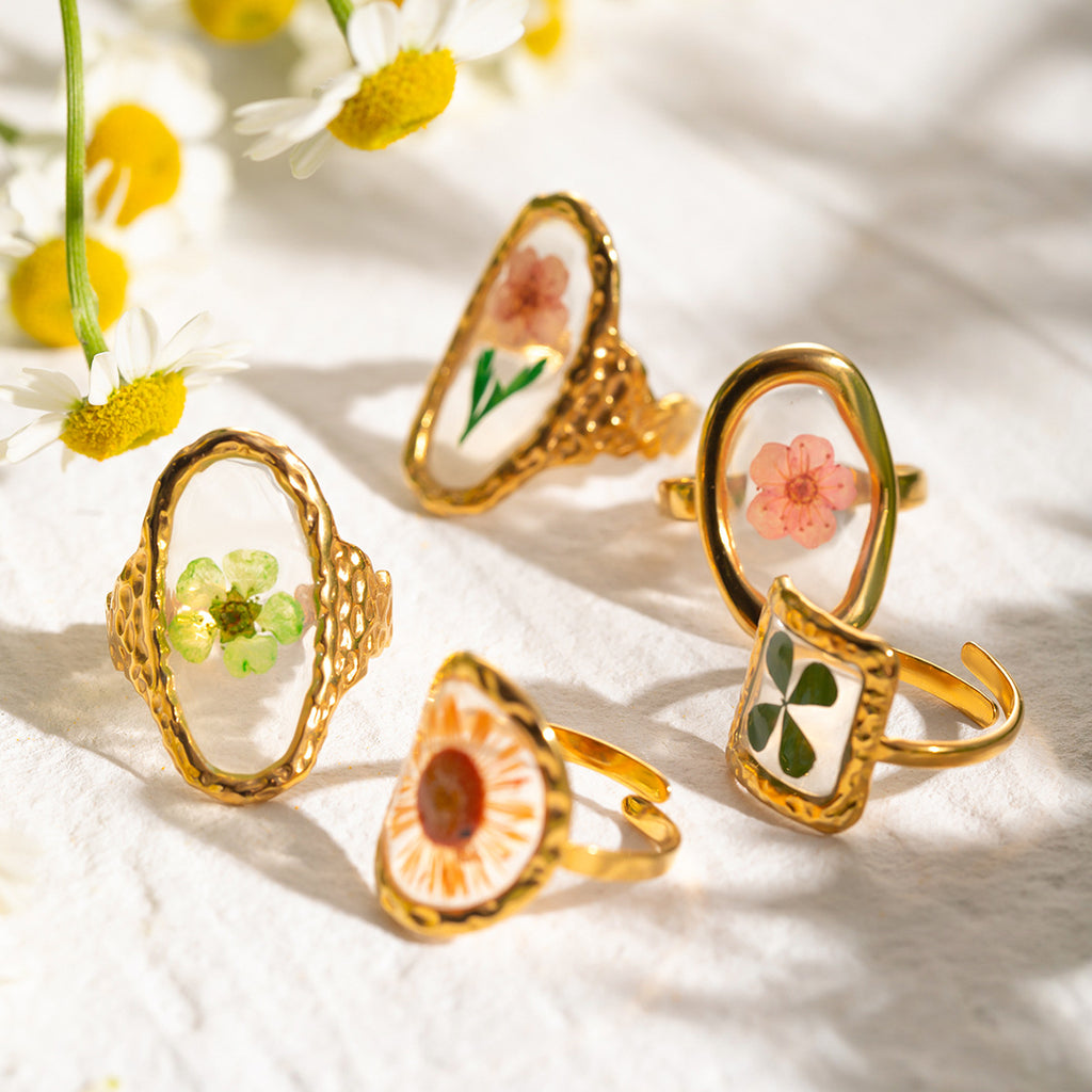 Pressed Flower Resin Adjustable Ring - Orange - 1