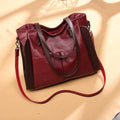 Two Tone Vegan Leather Work Tote Bag - Burgundy