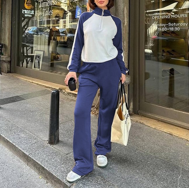 Colorblock Half Zip Top And Pants Set - Blue