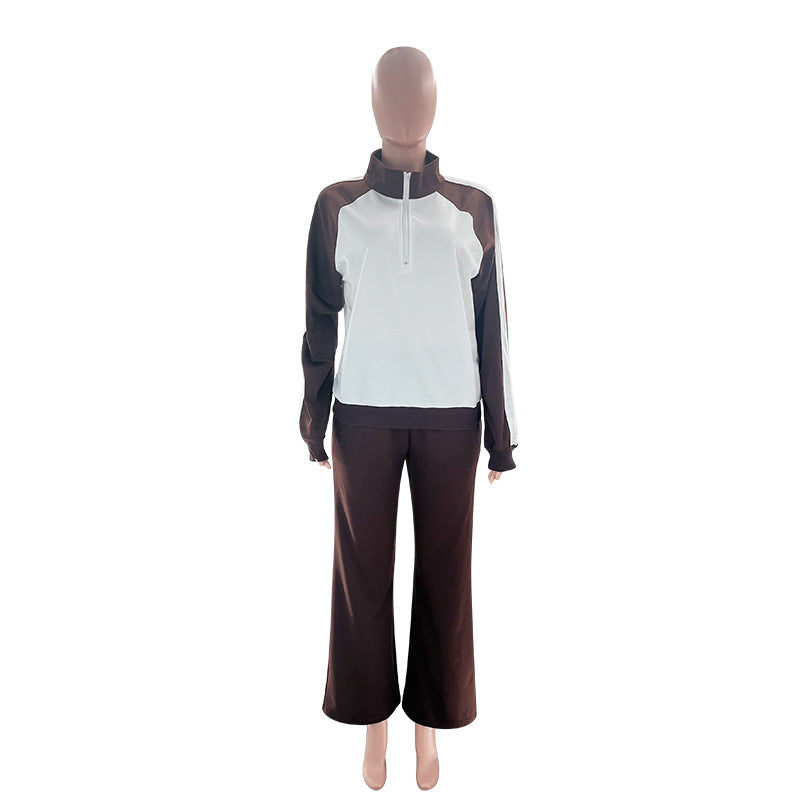 Colorblock Half Zip Top And Pants Set - Coffee