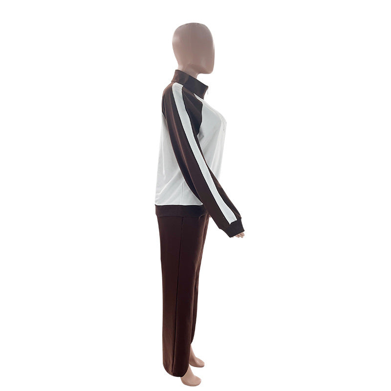 Colorblock Half Zip Top And Pants Set - Coffee - 1