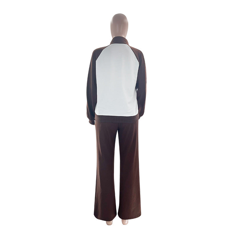 Colorblock Half Zip Top And Pants Set - Coffee - 2