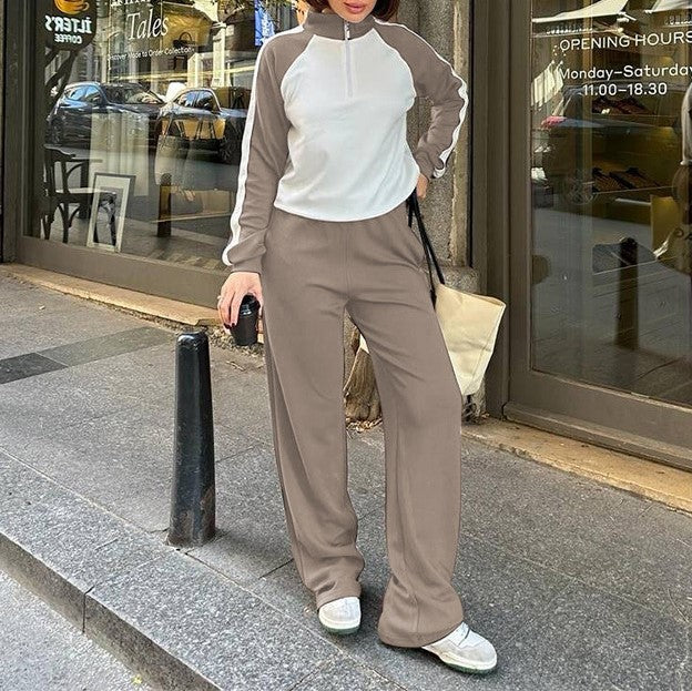 Colorblock Half Zip Top And Pants Set - Khaki
