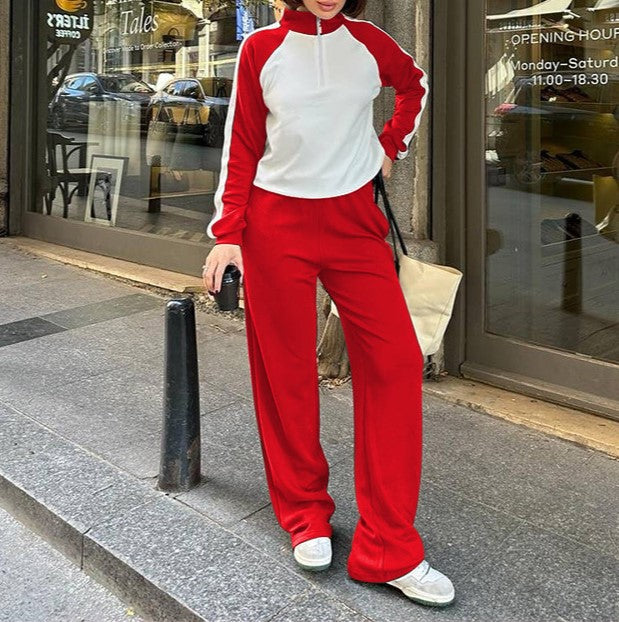 Colorblock Half Zip Top And Pants Set - Red