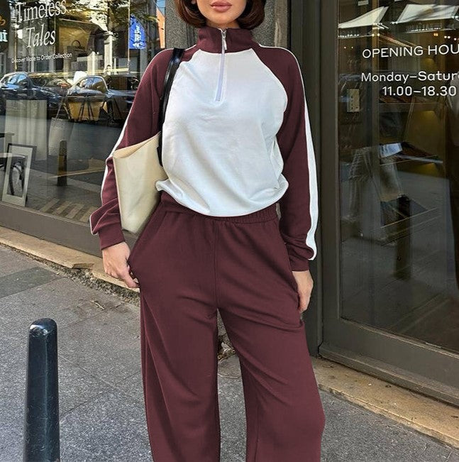 Colorblock Half Zip Top And Pants Set - Winered