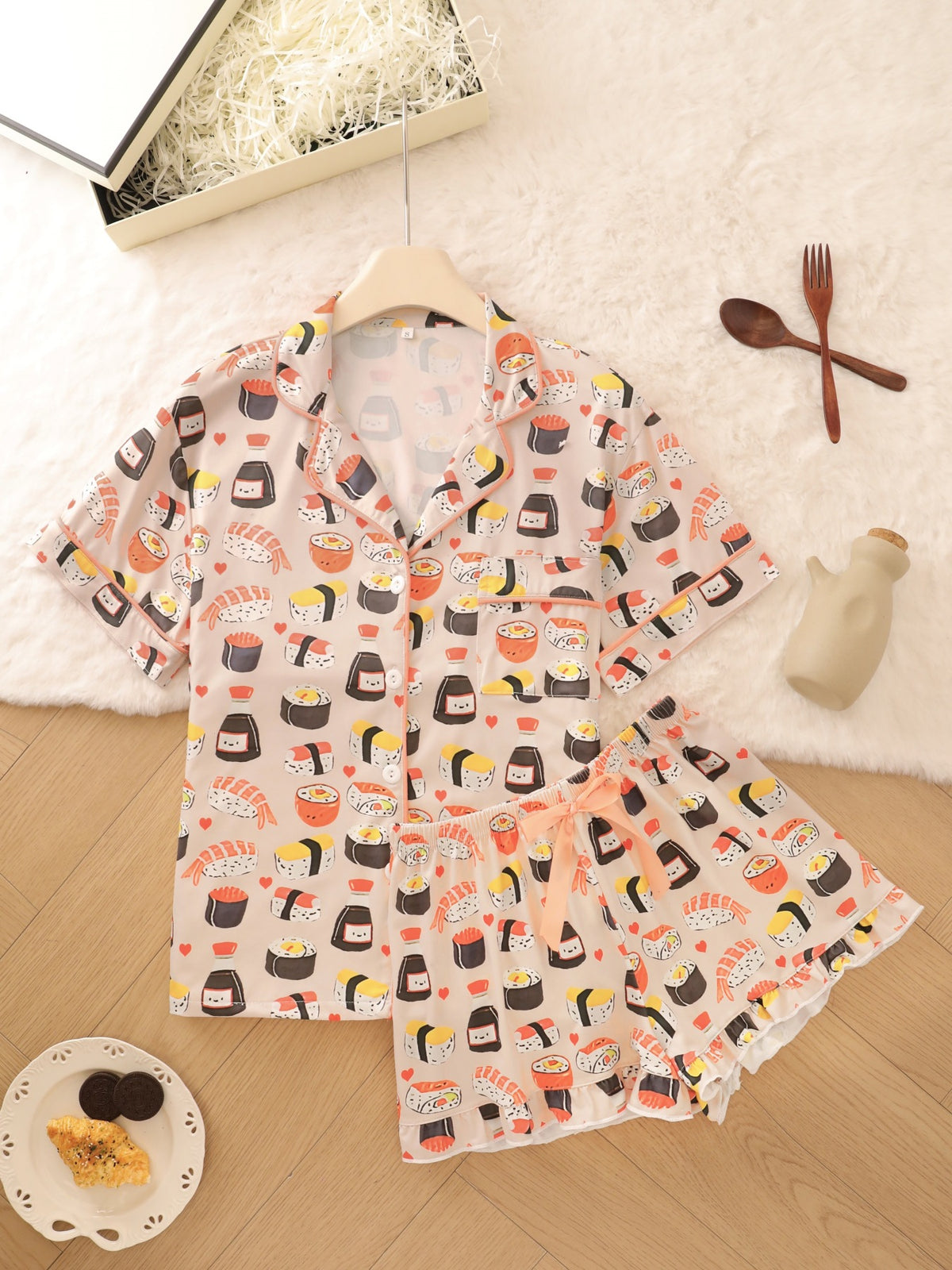 Playful Print Ruffle-Hem Piped Collar Short Pajama Set - Apricot - 2
