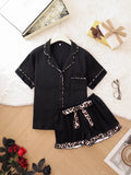 Playful Print Ruffle-Hem Piped Collar Short Pajama Set - Black
