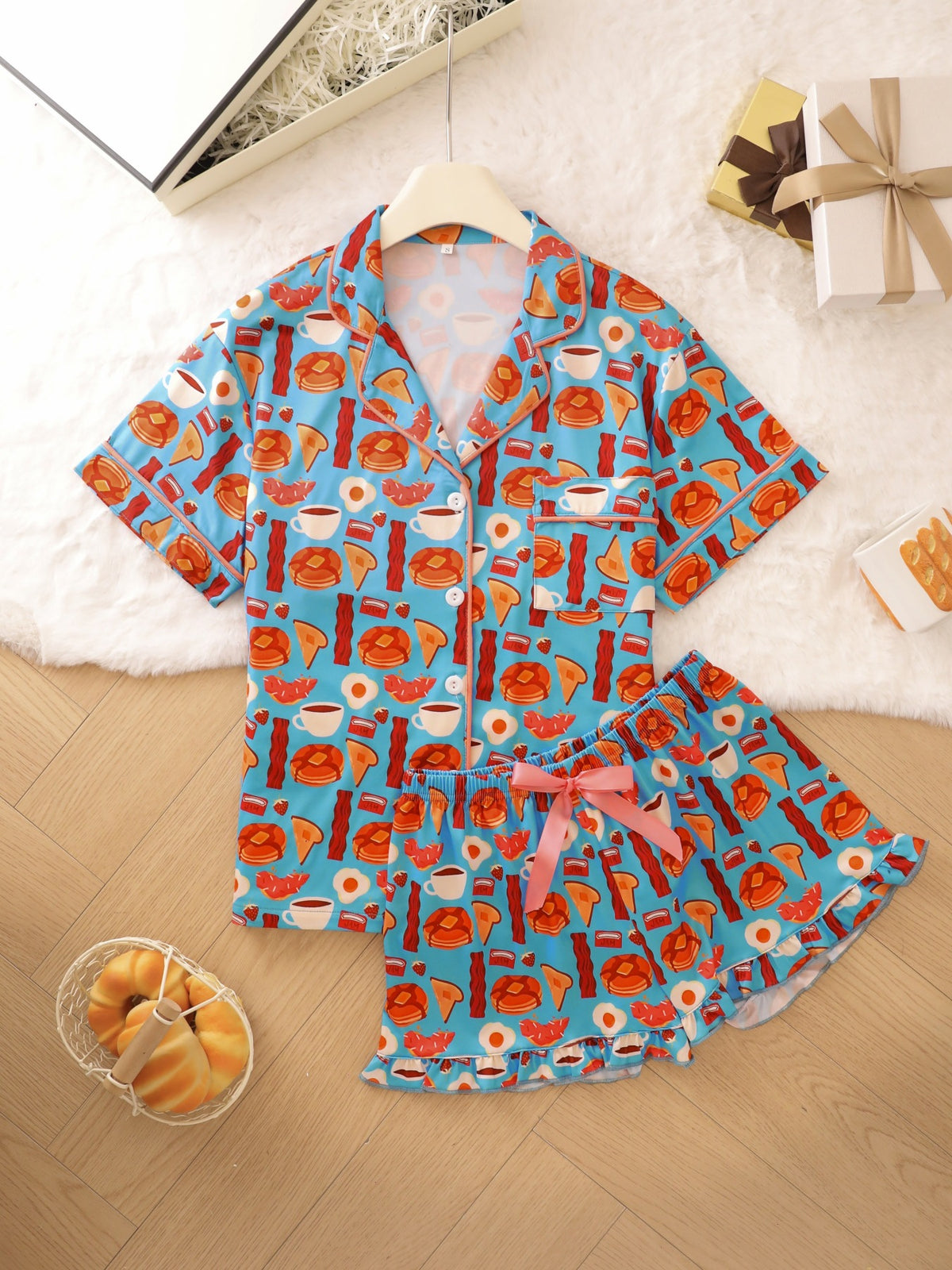 Playful Print Ruffle-Hem Piped Collar Short Pajama Set - Blue - 2