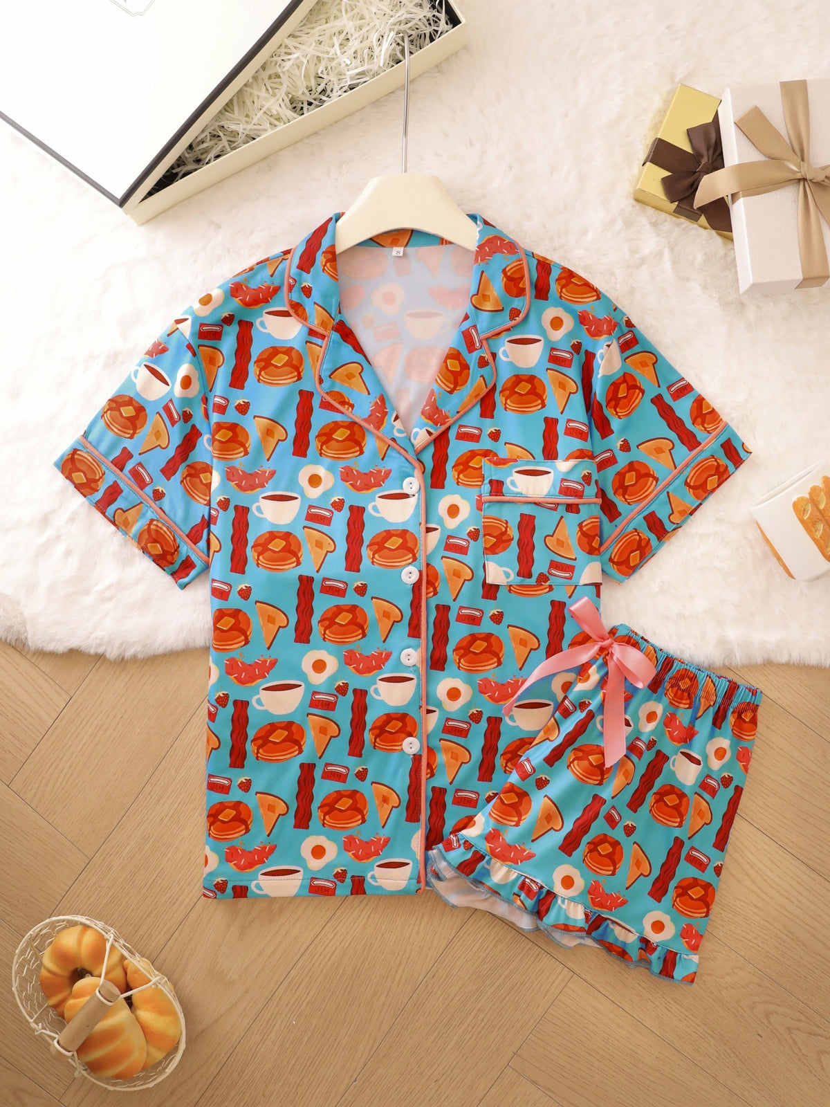 Playful Print Ruffle-Hem Piped Collar Short Pajama Set - Blue - 3