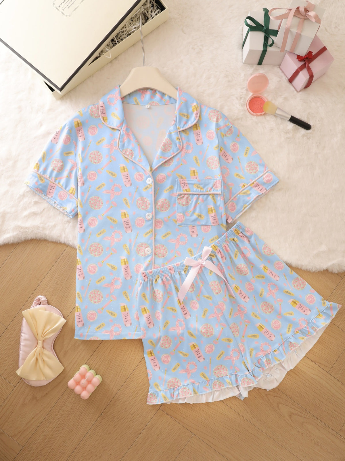 Playful Print Ruffle-Hem Piped Collar Short Pajama Set - Light Blue