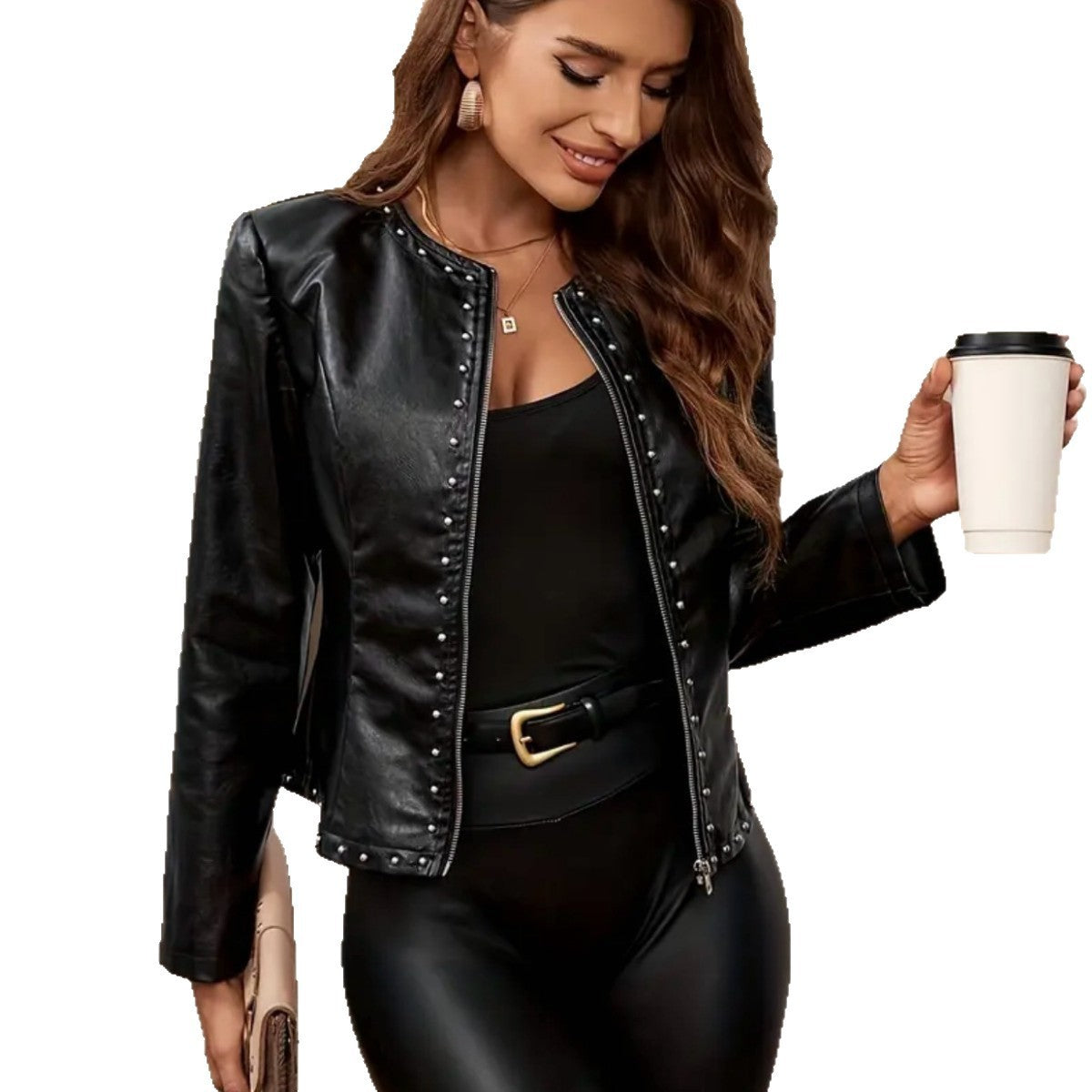 Studded Faux Leather Collarless Zip Jacket