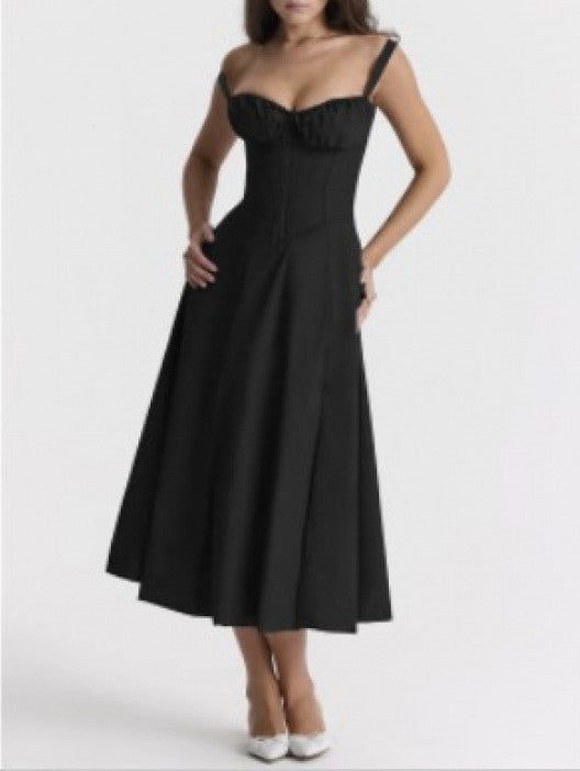 Corset Bodice Sleeveless Midi Dress With Side Slit - Black