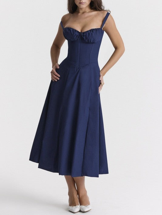 Corset Bodice Sleeveless Midi Dress With Side Slit - DarkBlue