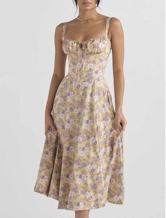 Corset Bodice Sleeveless Midi Dress With Side Slit - Flower