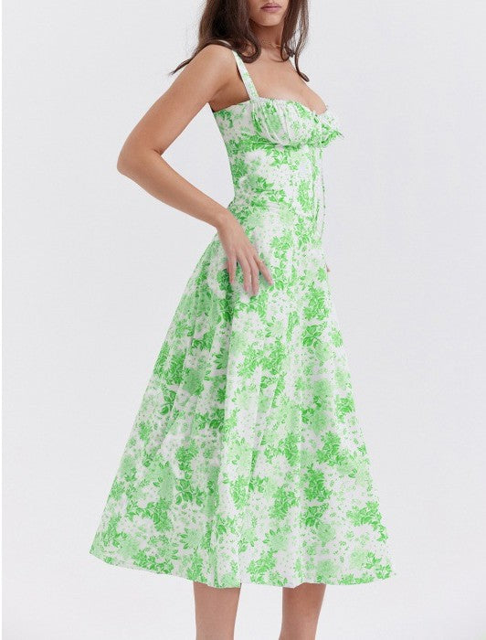 Corset Bodice Sleeveless Midi Dress With Side Slit - Flower_Green