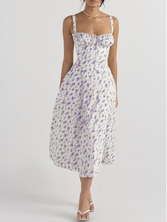Corset Bodice Sleeveless Midi Dress With Side Slit - Flower_Purple