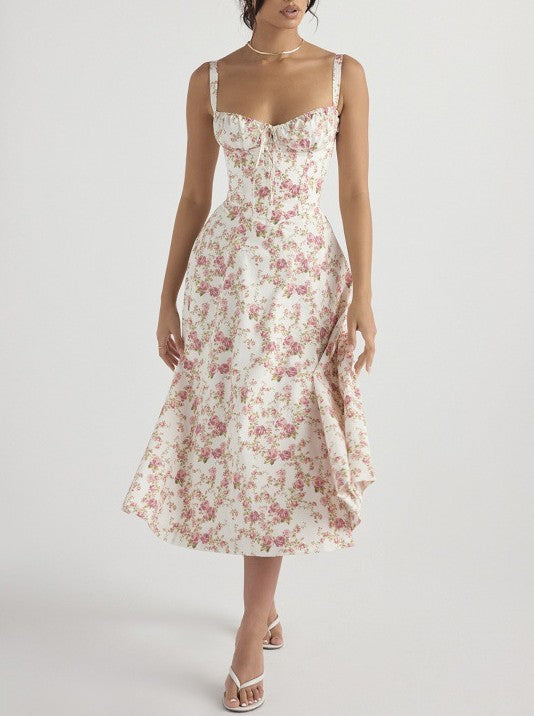 Corset Bodice Sleeveless Midi Dress With Side Slit - Flower_Red