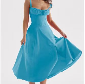 Corset Bodice Sleeveless Midi Dress With Side Slit - LakeBlue