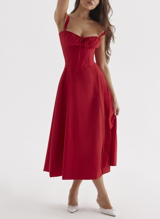 Corset Bodice Sleeveless Midi Dress With Side Slit - Red