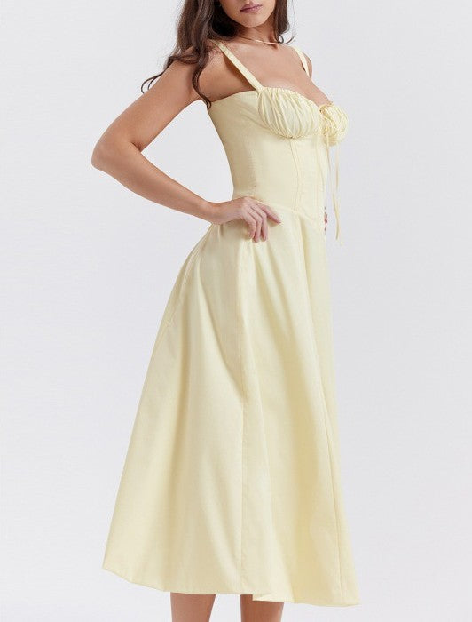 Corset Bodice Sleeveless Midi Dress With Side Slit - Yellow