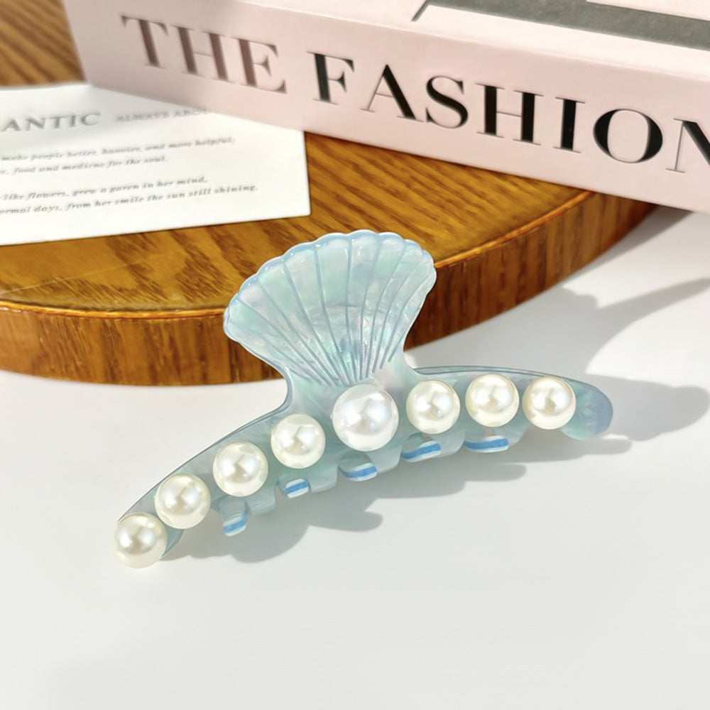 Shell Pearl Trim Acetate Hair Claw - Blue