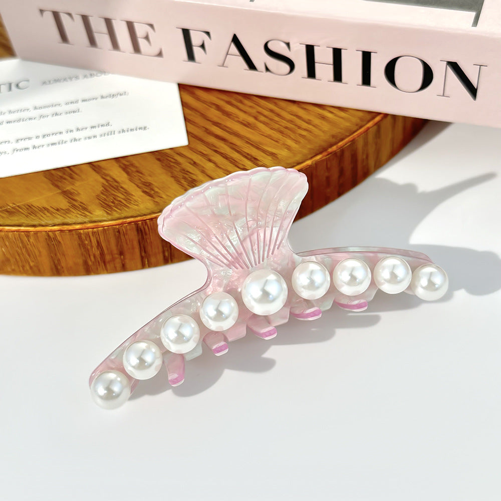 Shell Pearl Trim Acetate Hair Claw - Pink