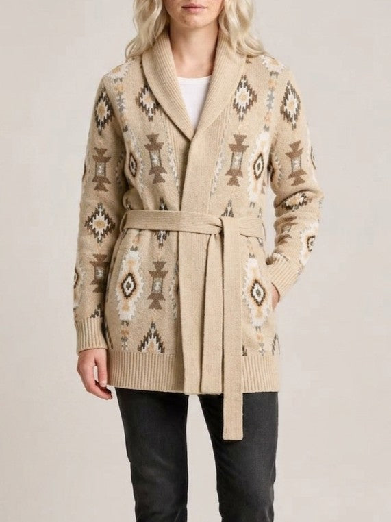 Southwestern Jacquard Belted Shawl Cardigan - Beige