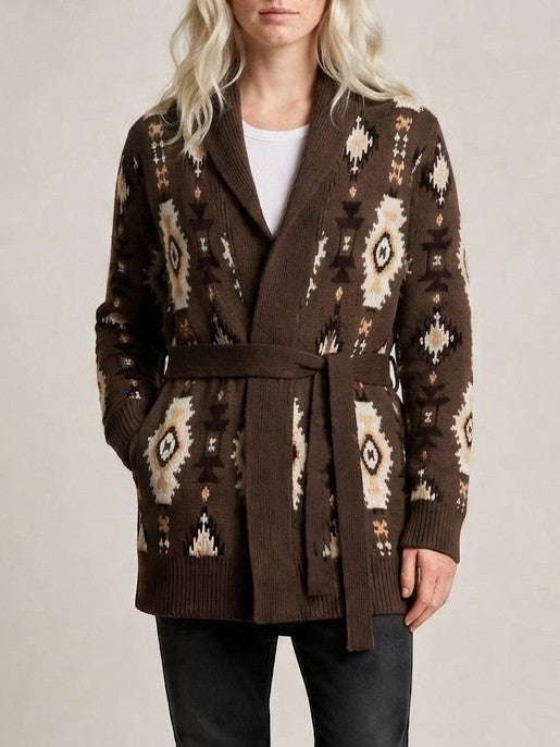 Southwestern Jacquard Belted Shawl Cardigan - Coffee
