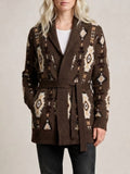 Southwestern Jacquard Belted Shawl Cardigan - Coffee