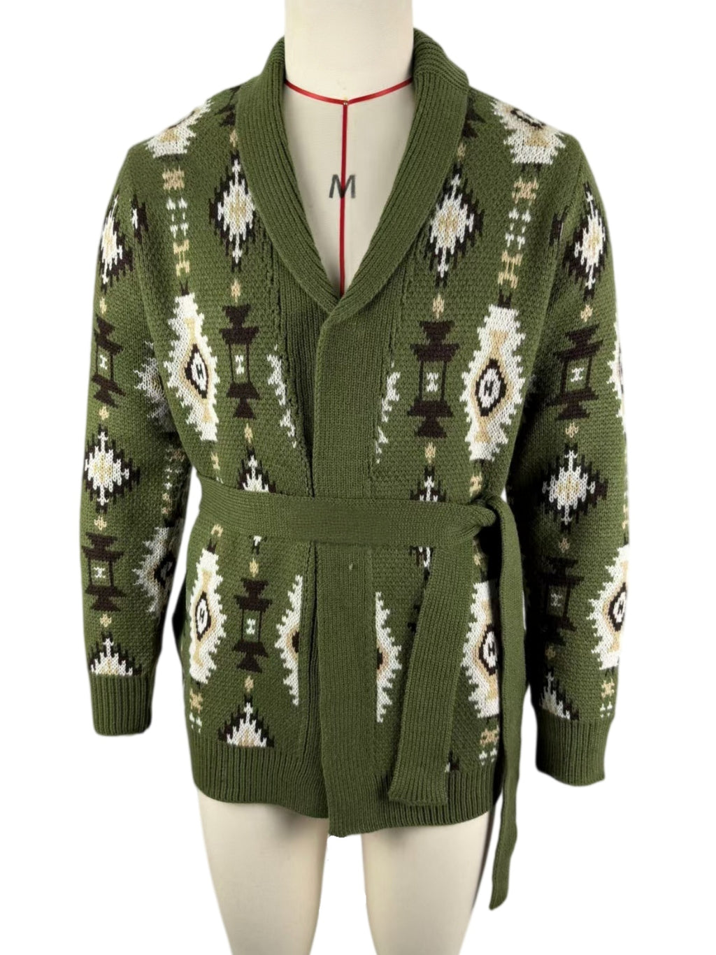 Southwestern Jacquard Belted Shawl Cardigan - Green