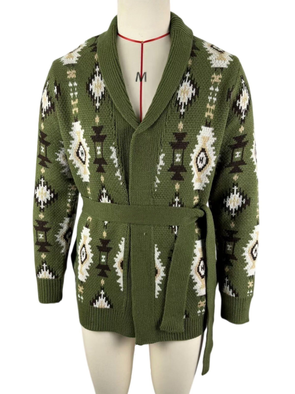 Southwestern Jacquard Belted Shawl Cardigan - Green