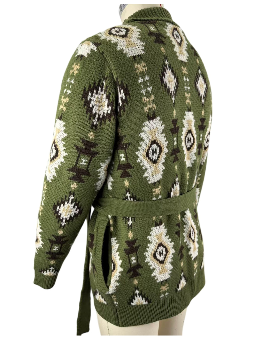Southwestern Jacquard Belted Shawl Cardigan - Green - 1