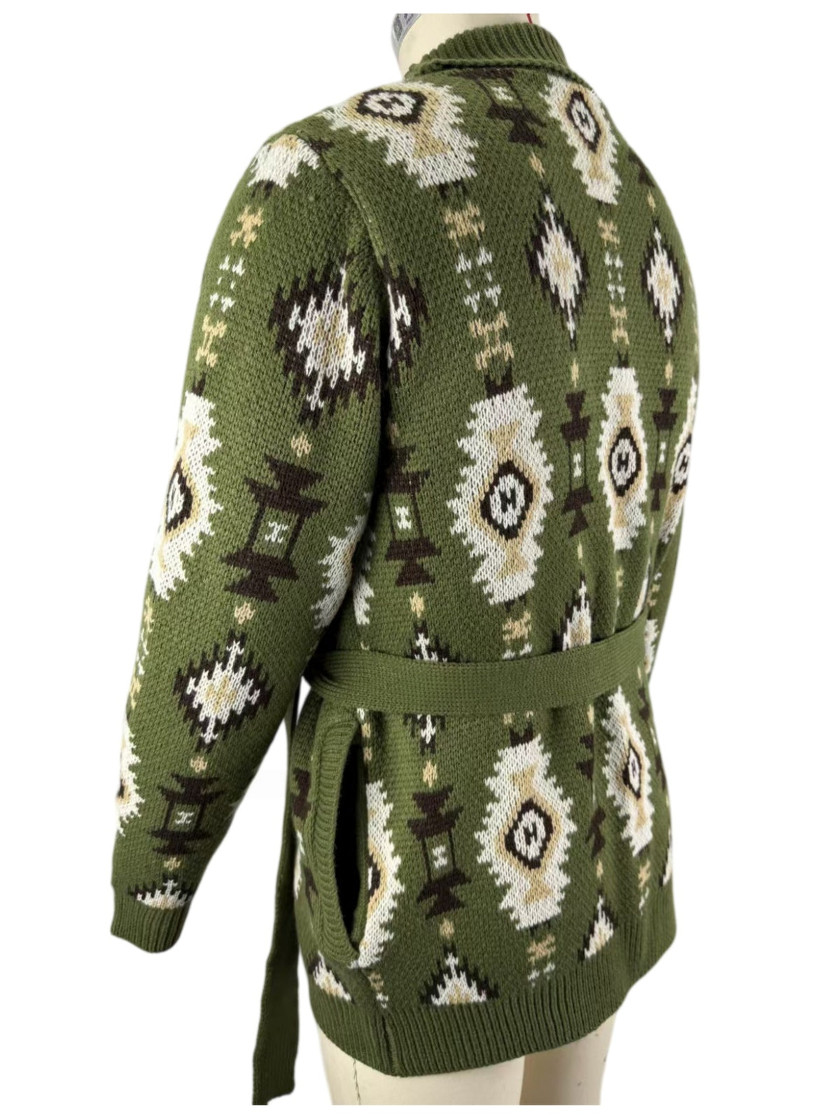 Southwestern Jacquard Belted Shawl Cardigan - Green - 1