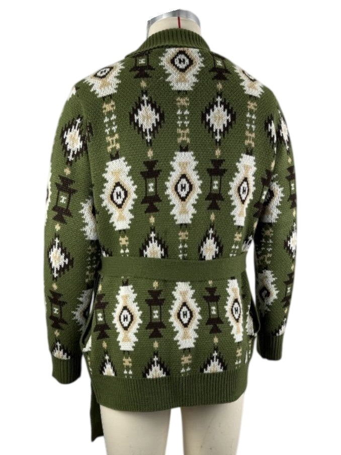 Southwestern Jacquard Belted Shawl Cardigan - Green - 2