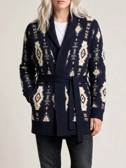 Southwestern Jacquard Belted Shawl Cardigan - Navy