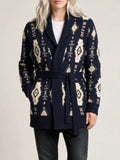 Southwestern Jacquard Belted Shawl Cardigan - Navy
