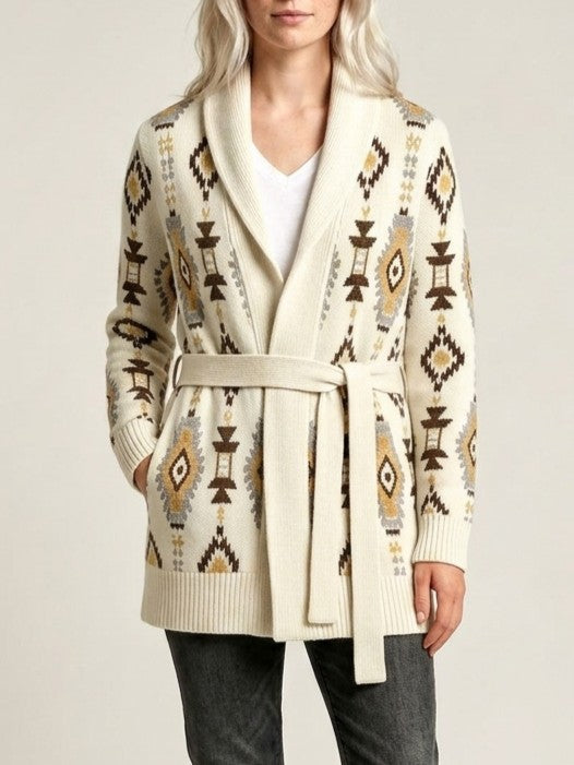 Southwestern Jacquard Belted Shawl Cardigan - White