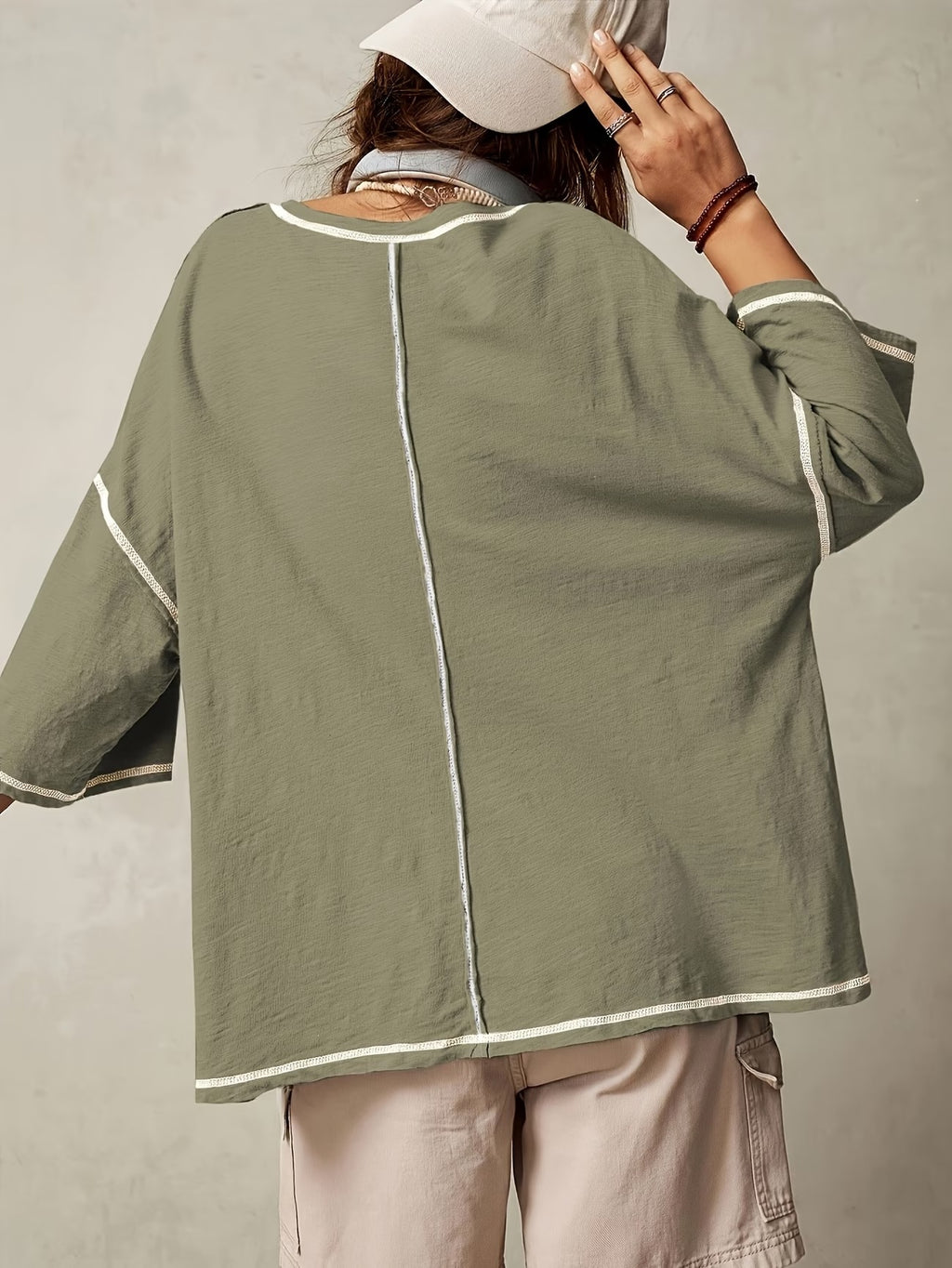 Oversized V-Neck Contrast-Trim Flared-Sleeve Tee