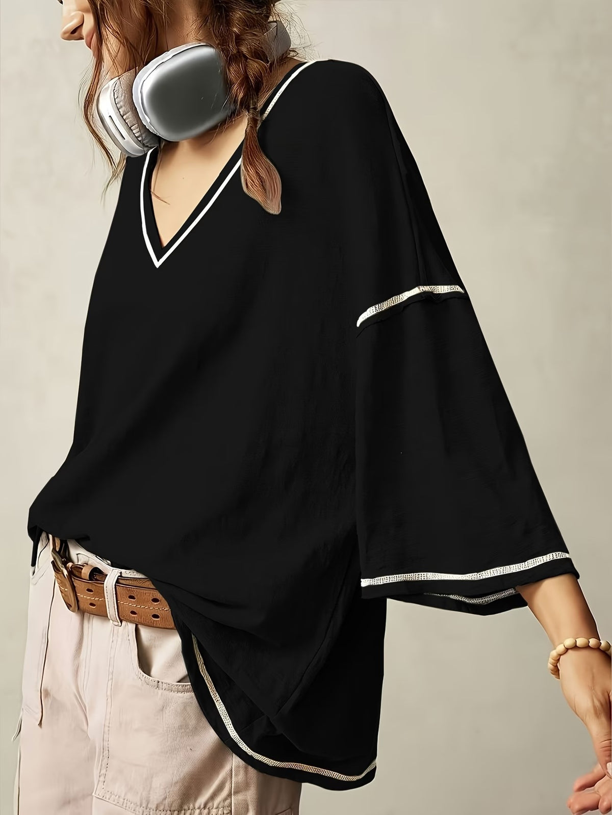 Oversized V-Neck Contrast-Trim Flared-Sleeve Tee - Black